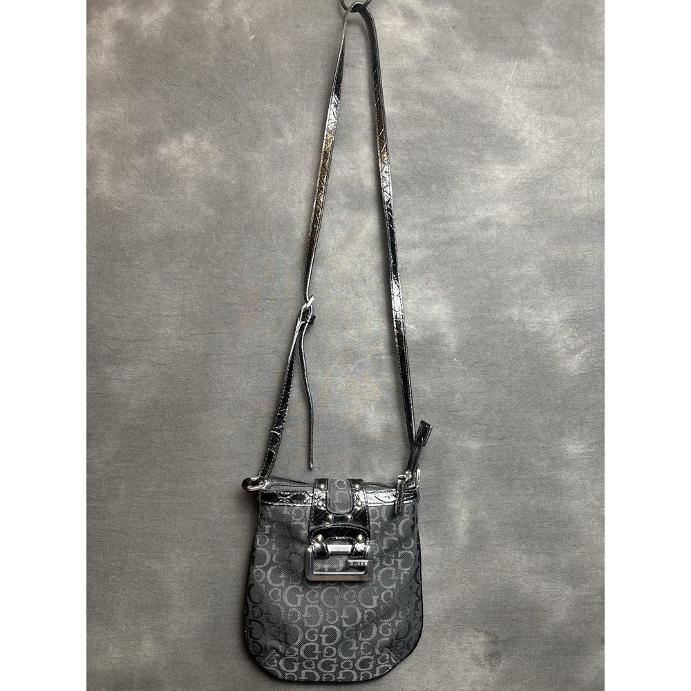 Vintage GUESS Y2K Monogram Crossbody Bag Black 2000s Glam Aesthetic Small Bag